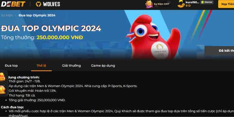 Sự kiện đua top Olympic cùng Debet nhà cái